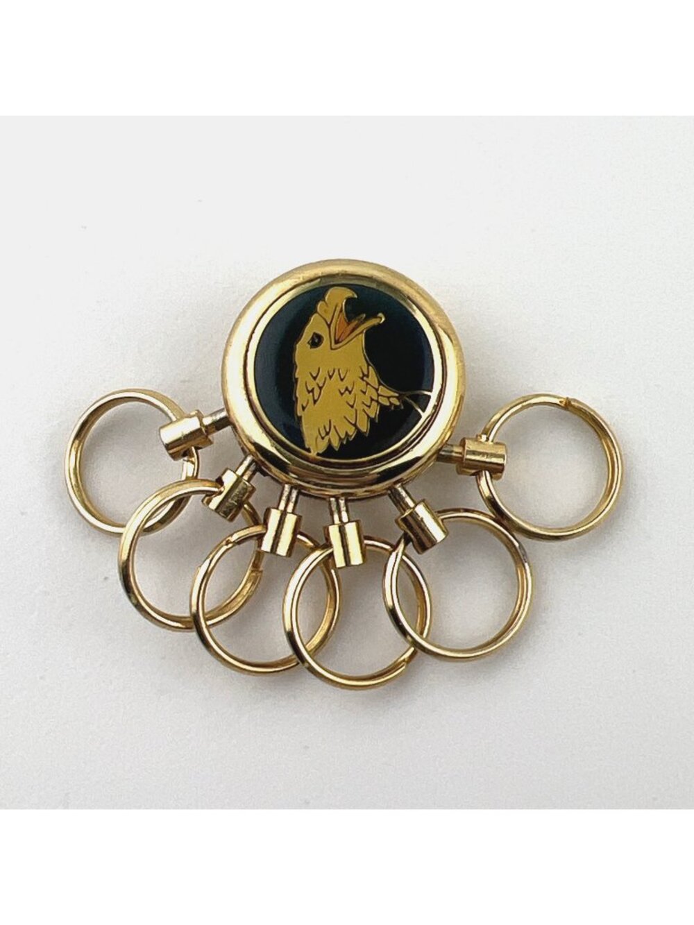 Vintage 80s Eagle Head Metal Detachable Multi Keyring Keychain Gold Toned